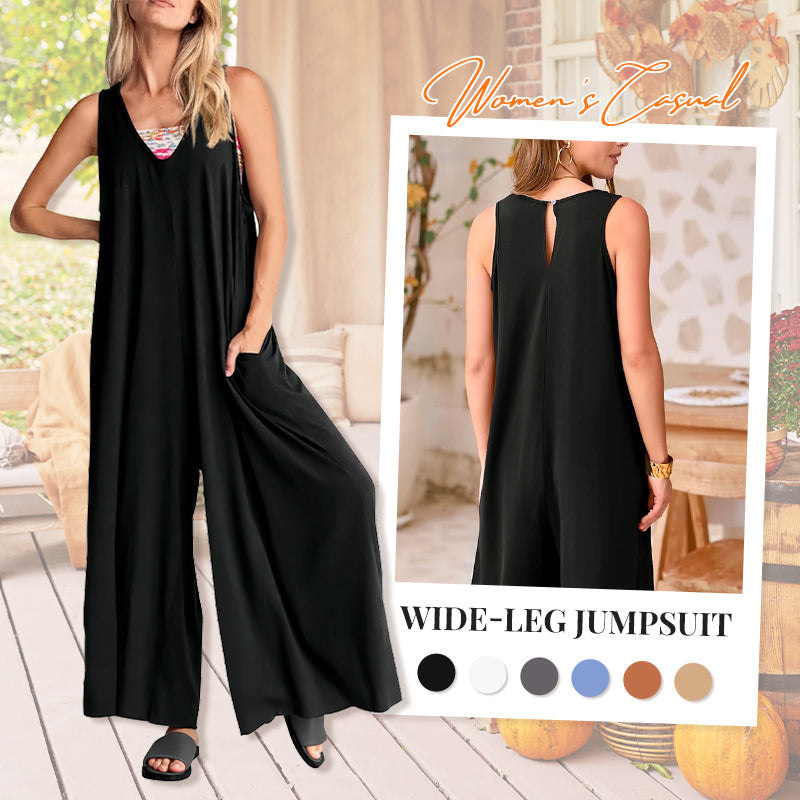 Casual V-Neck Sleeveless Wide-Leg Jumpsuit