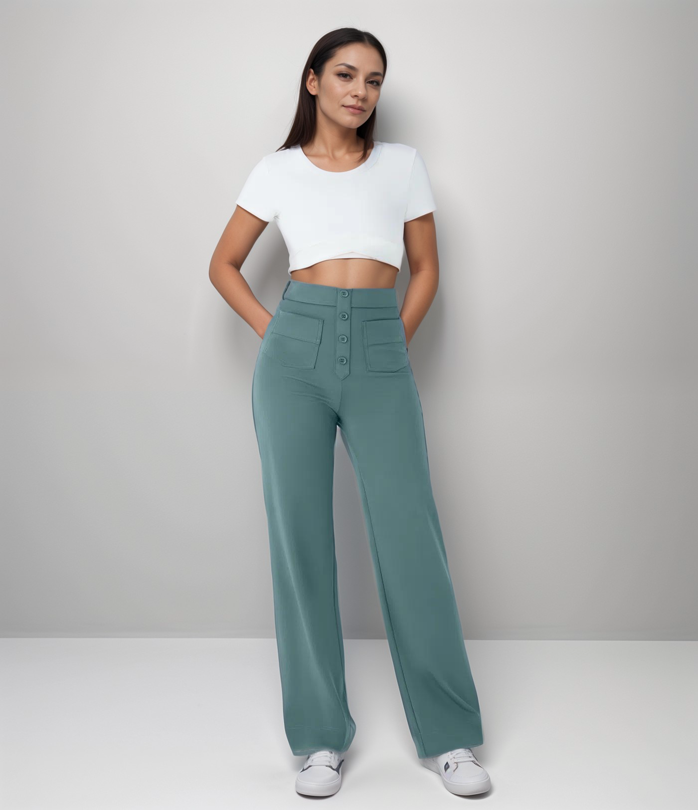 High-waisted elastic pants