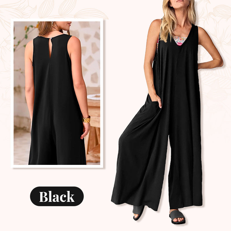 Casual V-Neck Sleeveless Wide-Leg Jumpsuit