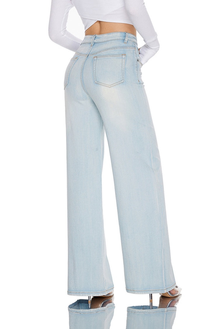 Women High Rise Stretch Wide Leg Jeans