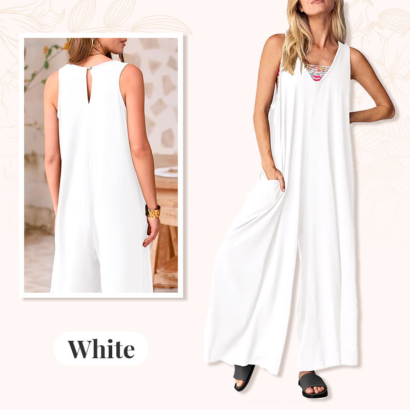 Casual V-Neck Sleeveless Wide-Leg Jumpsuit