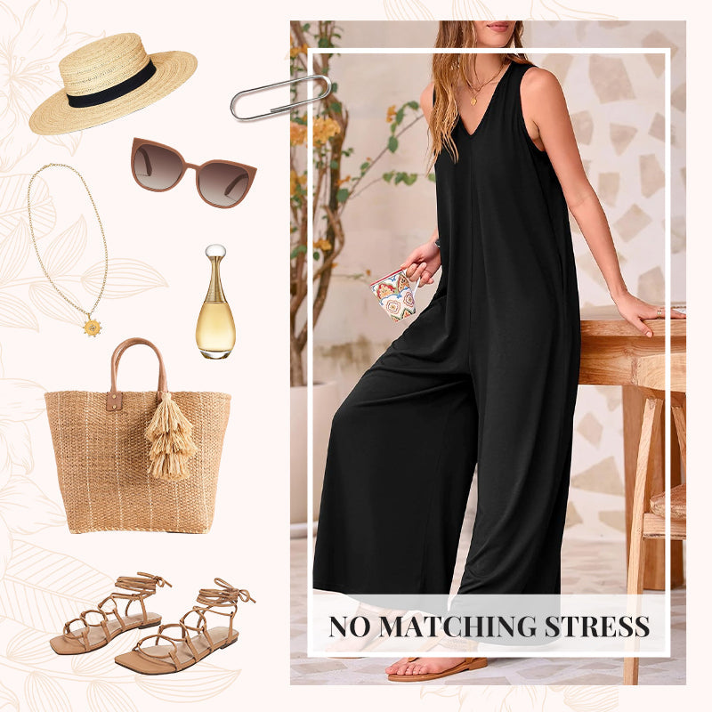 Casual V-Neck Sleeveless Wide-Leg Jumpsuit