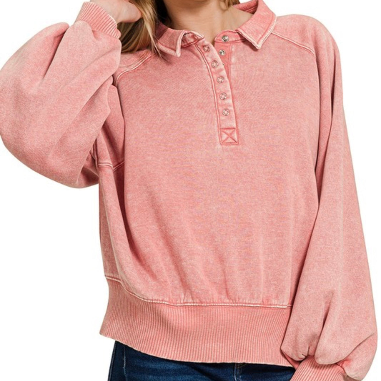 Acid Wash Button Up Pullover