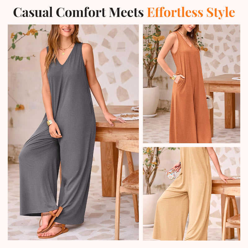 Casual V-Neck Sleeveless Wide-Leg Jumpsuit