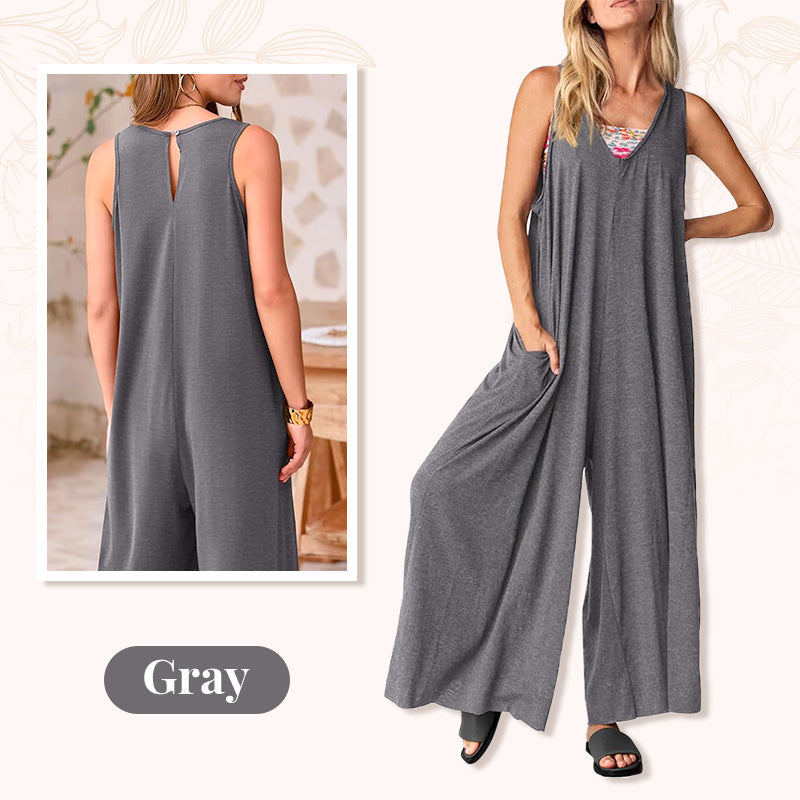 Casual V-Neck Sleeveless Wide-Leg Jumpsuit