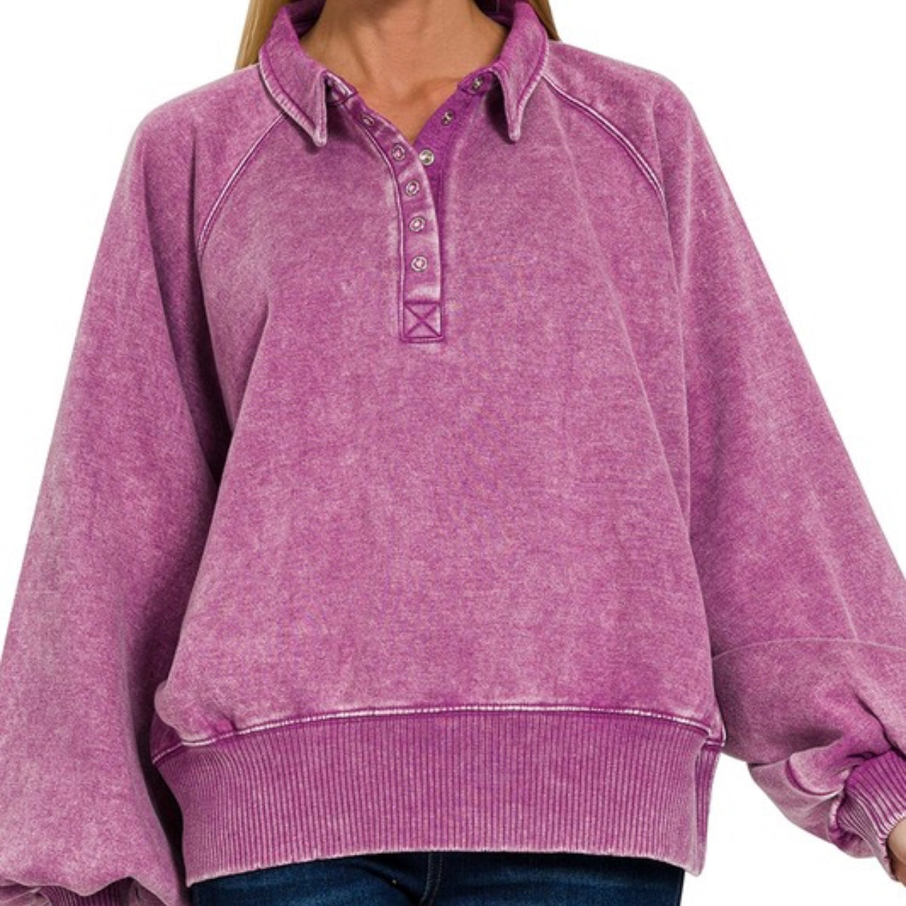 Acid Wash Button Up Pullover