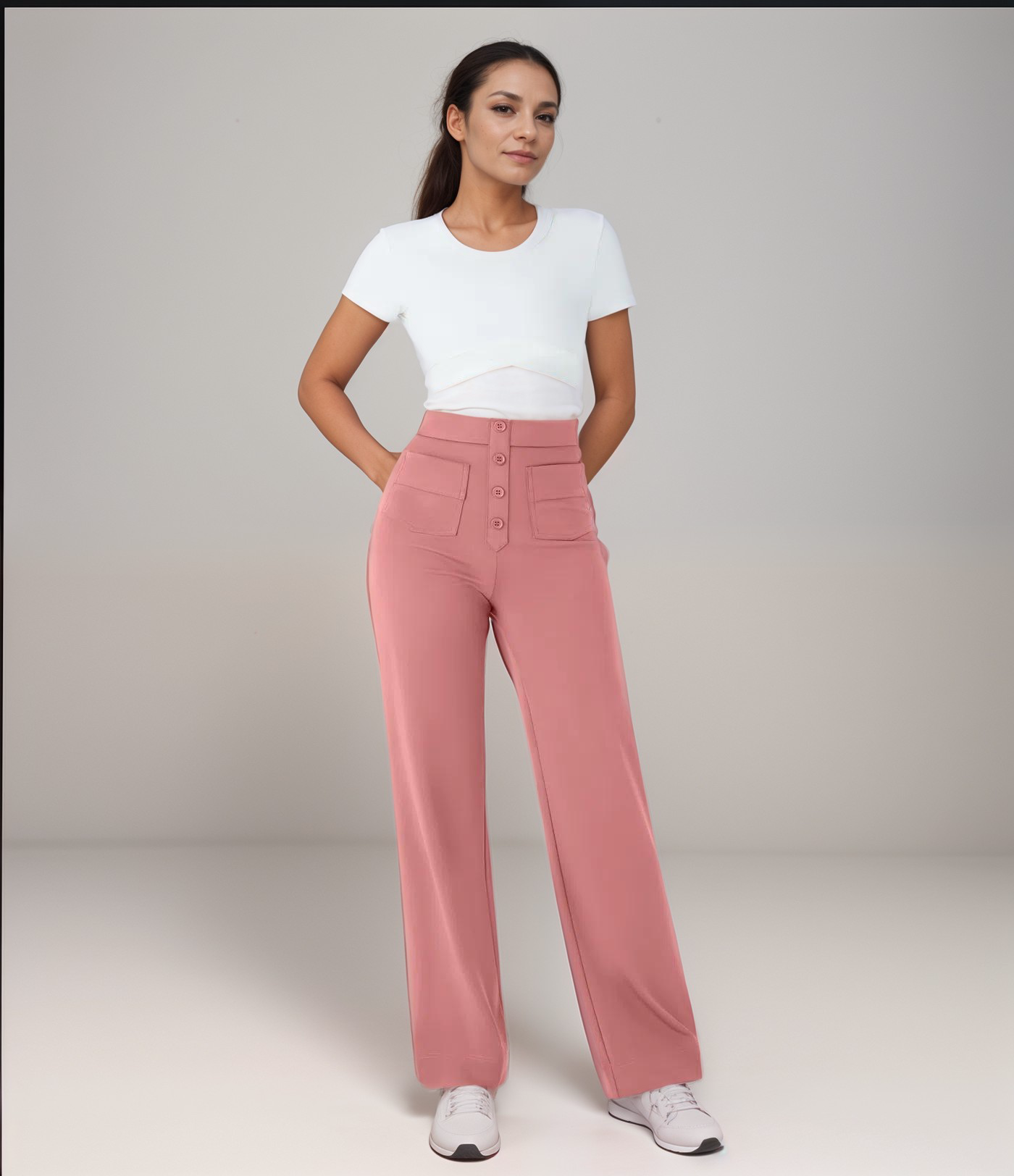 High-waisted elastic pants