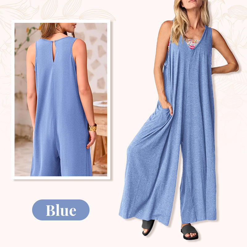 Casual V-Neck Sleeveless Wide-Leg Jumpsuit