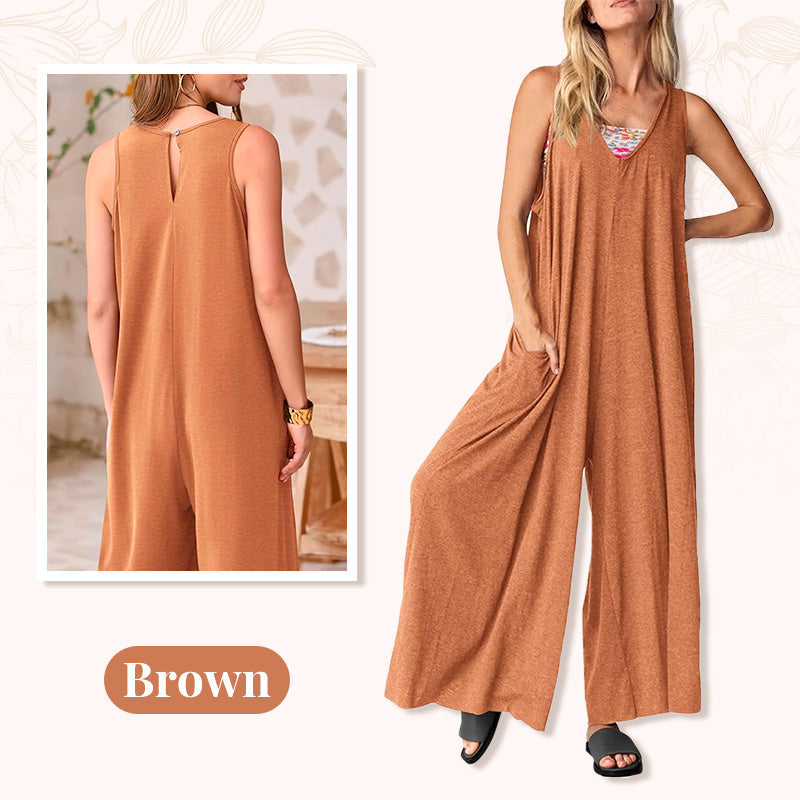 Casual V-Neck Sleeveless Wide-Leg Jumpsuit