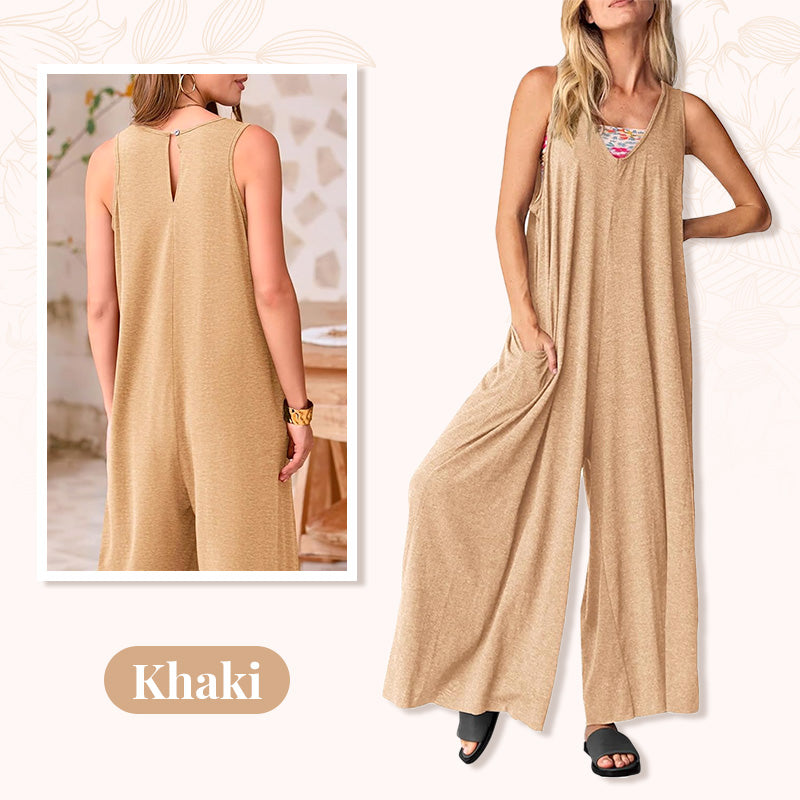Casual V-Neck Sleeveless Wide-Leg Jumpsuit