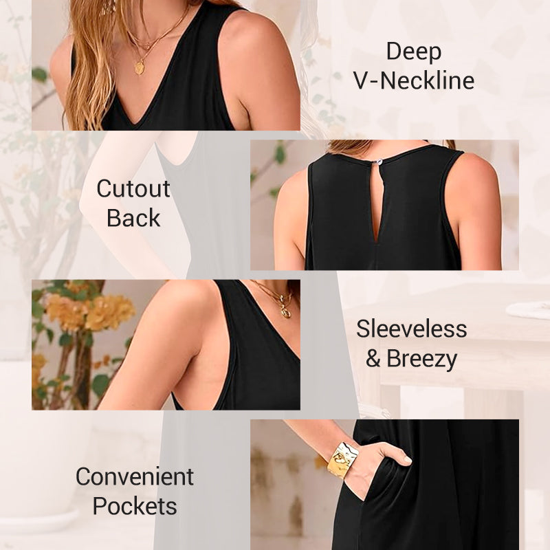 Casual V-Neck Sleeveless Wide-Leg Jumpsuit