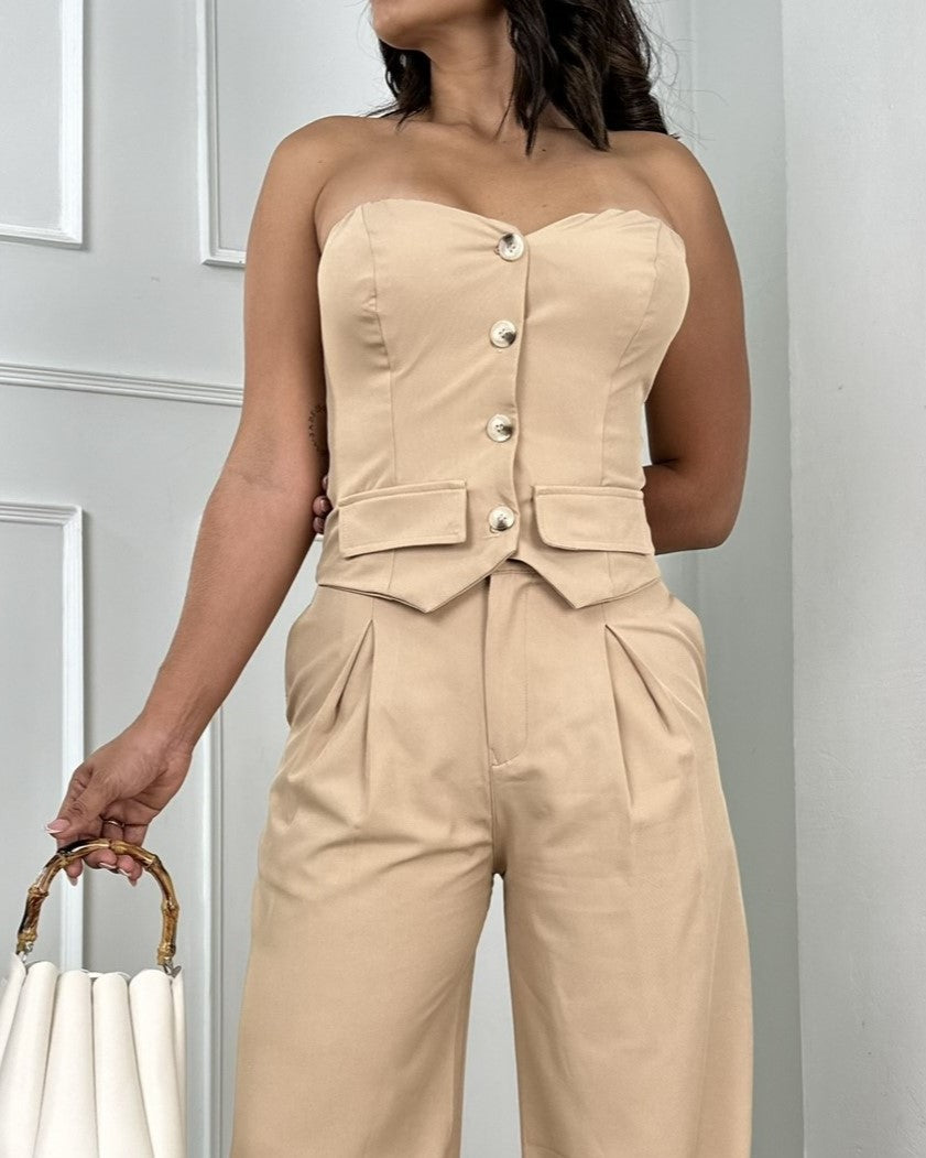 Chic Strapless Vest & Wide Leg Pant Set