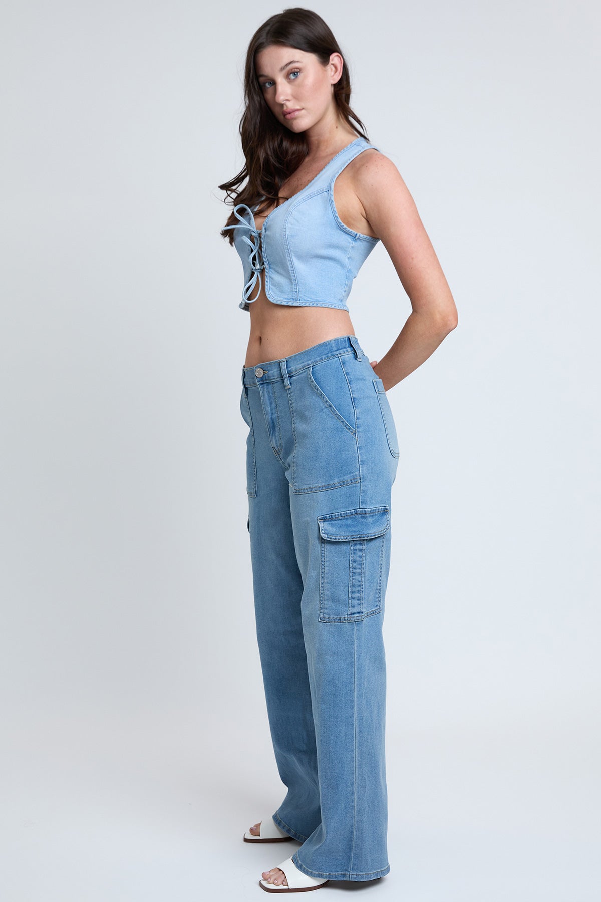 Elastic Waist Straight Leg Cargo Jeans
