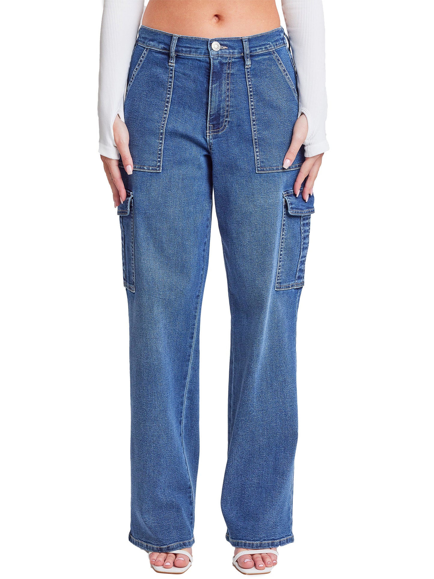 Elastic Waist Straight Leg Cargo Jeans