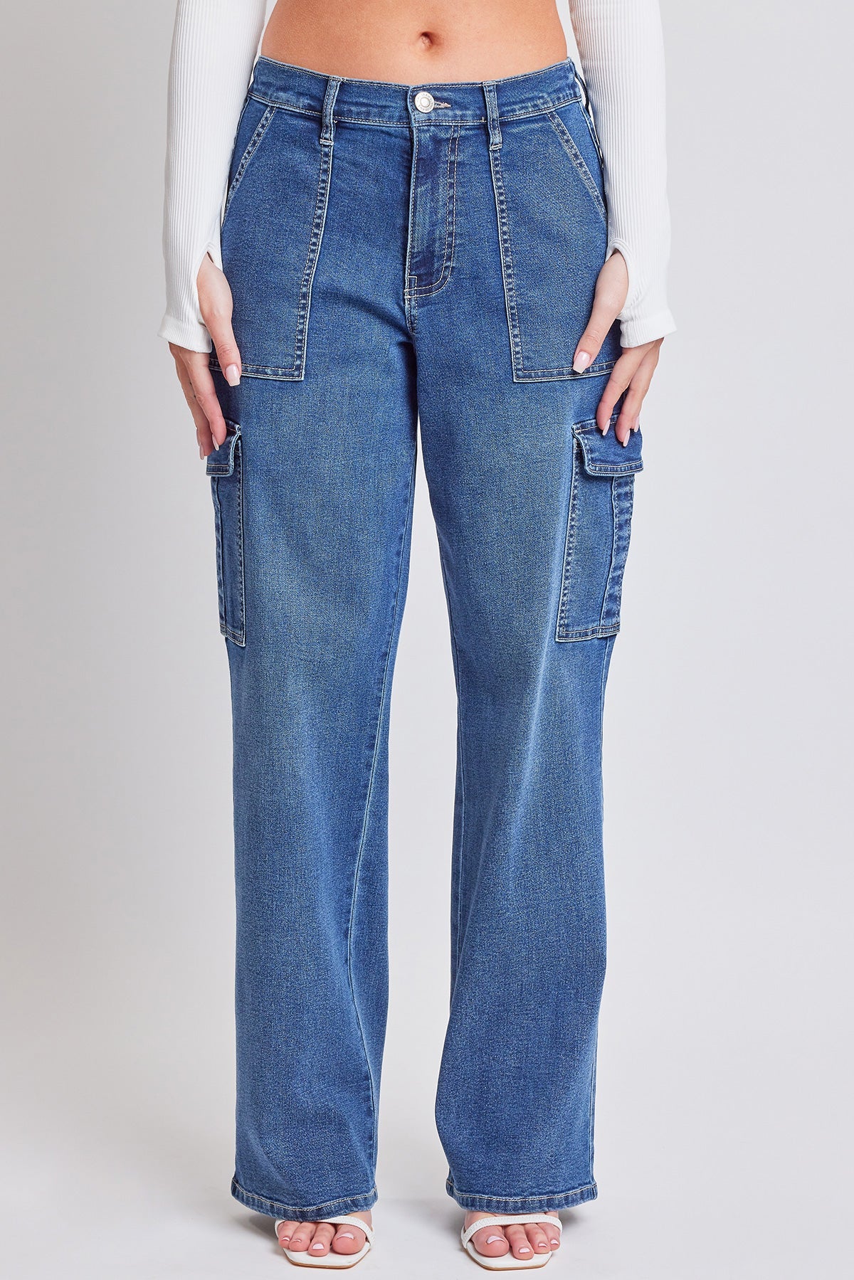 Elastic Waist Straight Leg Cargo Jeans