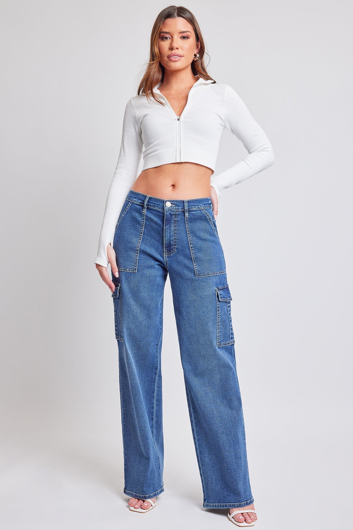 Elastic Waist Straight Leg Cargo Jeans