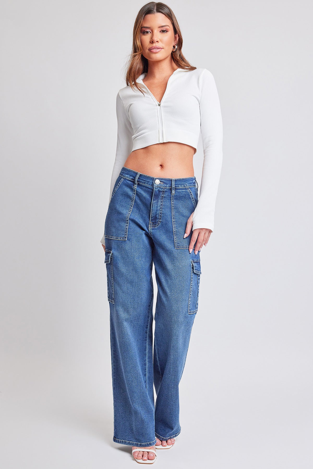 Elastic Waist Straight Leg Cargo Jeans