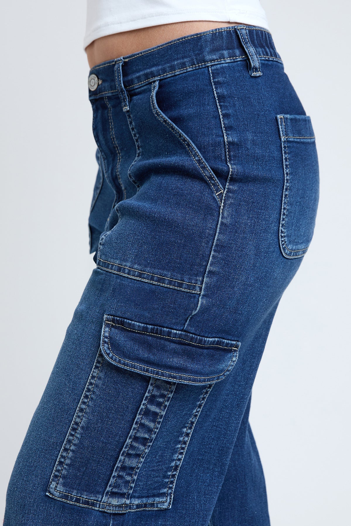 Elastic Waist Straight Leg Cargo Jeans