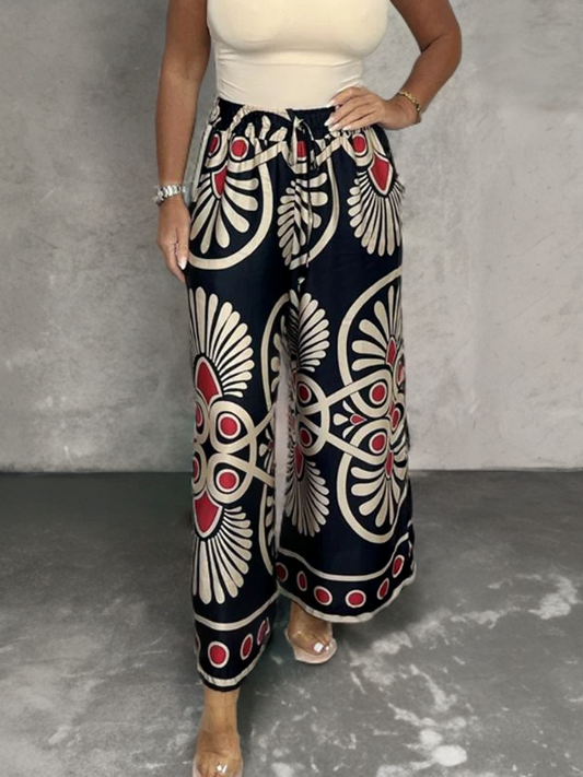 Wide-Leg Printed Linen Pants