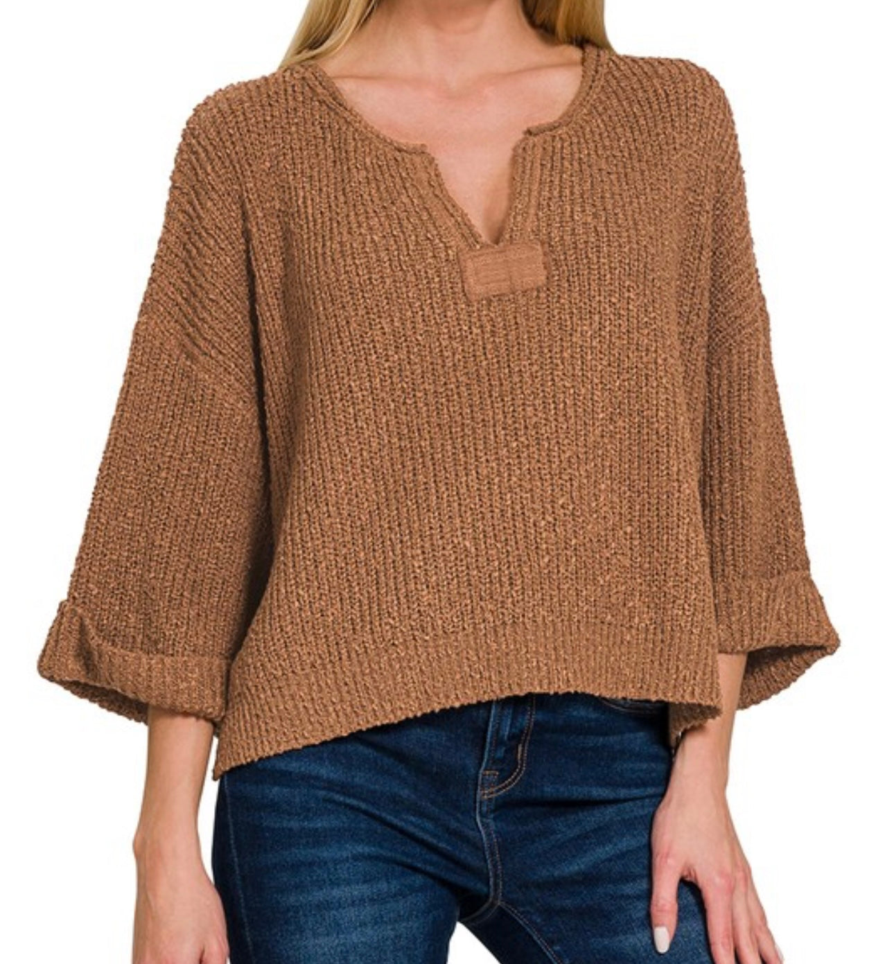 Textured V-Notch Pullover Top