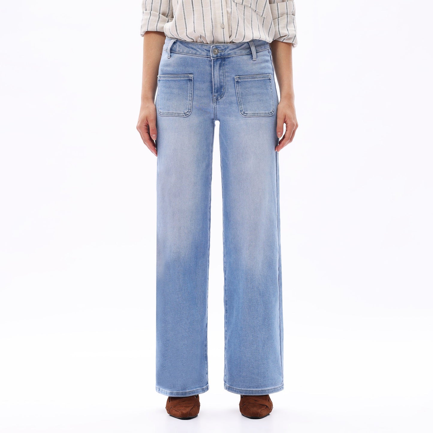 Mid-Waist Front Pocket Wide-Leg Jeans