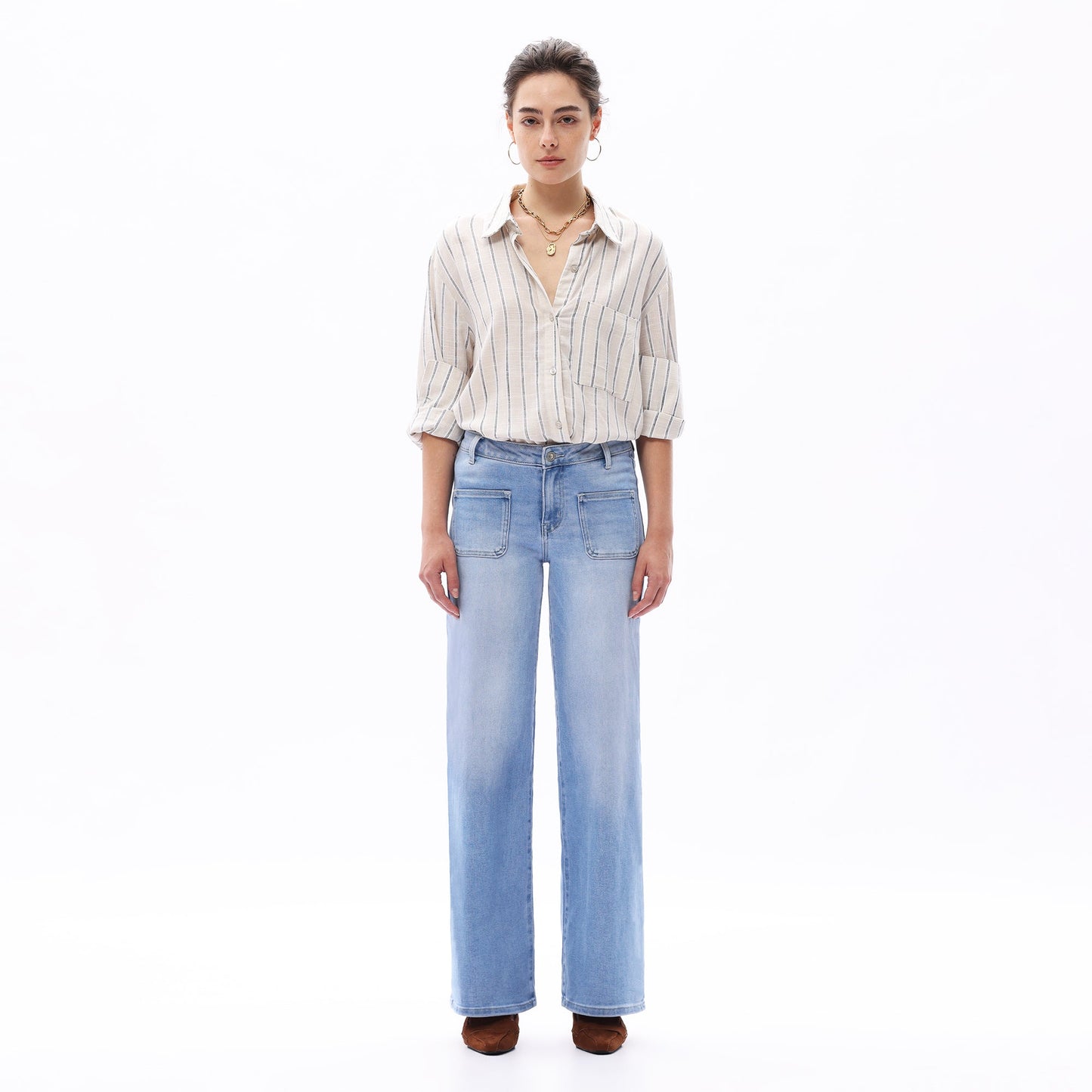 Mid-Waist Front Pocket Wide-Leg Jeans