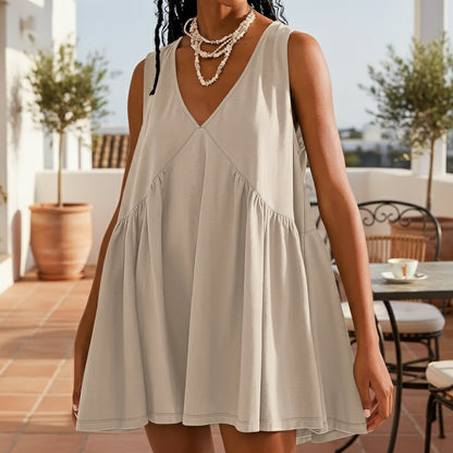 Summer V-Neck Pleated Sleeveless Vest Dress