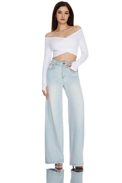 Women High Rise Stretch Wide Leg Jeans