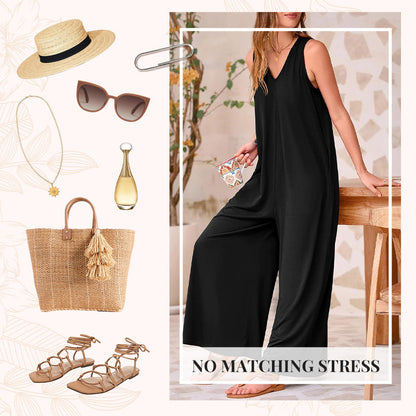 Casual V-Neck Sleeveless Wide-Leg Jumpsuit