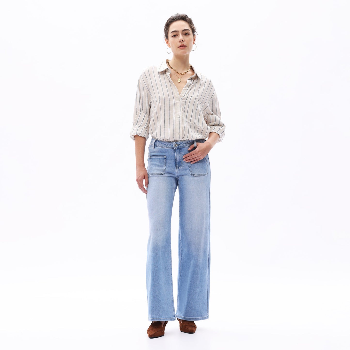 Mid-Waist Front Pocket Wide-Leg Jeans