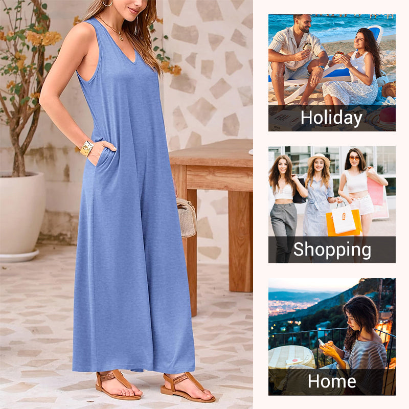 Casual V-Neck Sleeveless Wide-Leg Jumpsuit