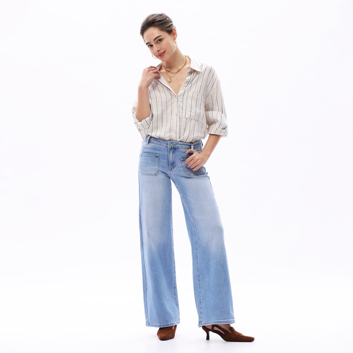 Mid-Waist Front Pocket Wide-Leg Jeans