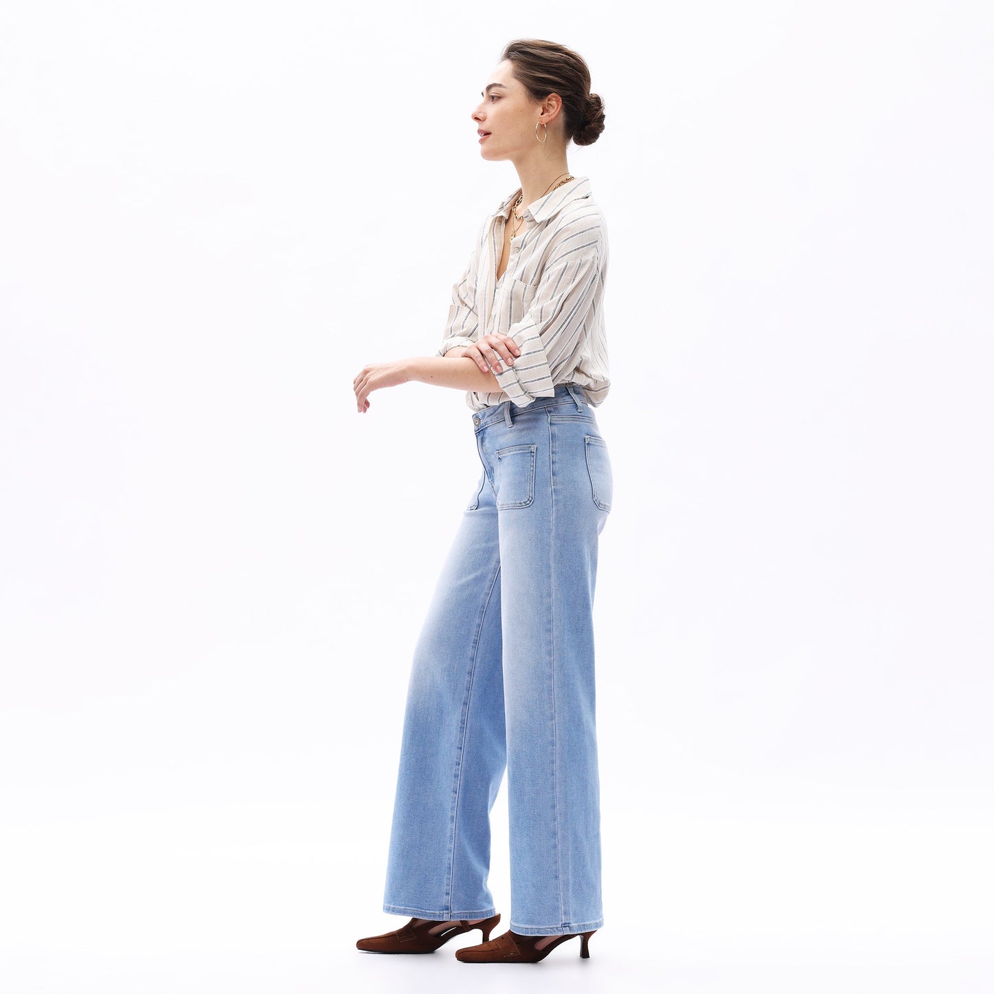Mid-Waist Front Pocket Wide-Leg Jeans
