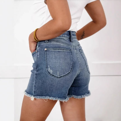 High Rise Frayed Hem Cut Off Jean Shorts