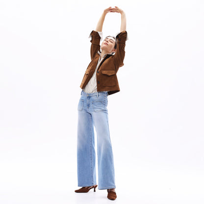 Mid-Waist Front Pocket Wide-Leg Jeans