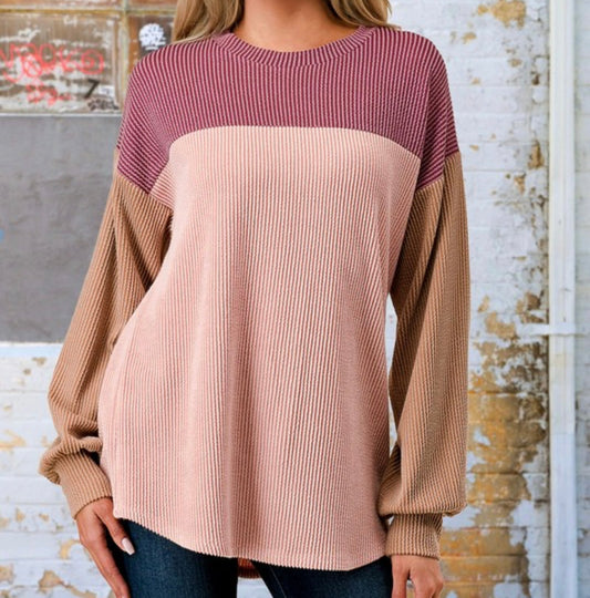 Cozy Chic Ribbed Color Block Pullover