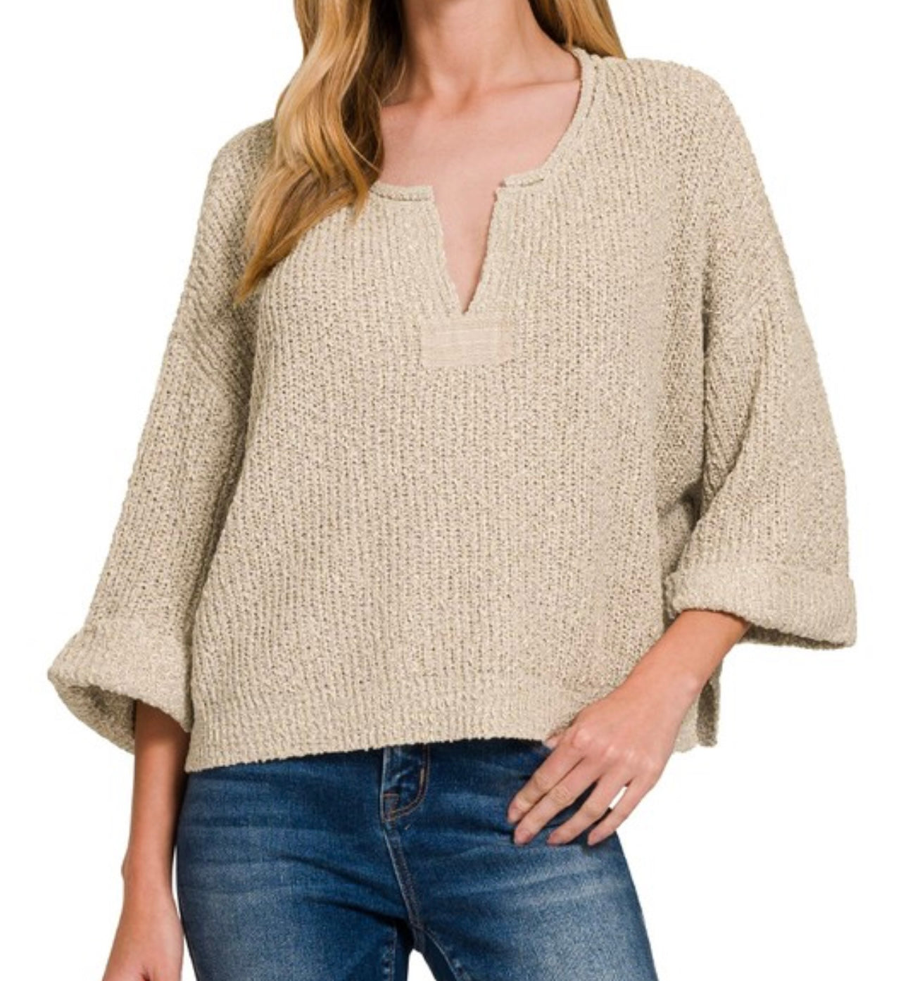 Textured V-Notch Pullover Top