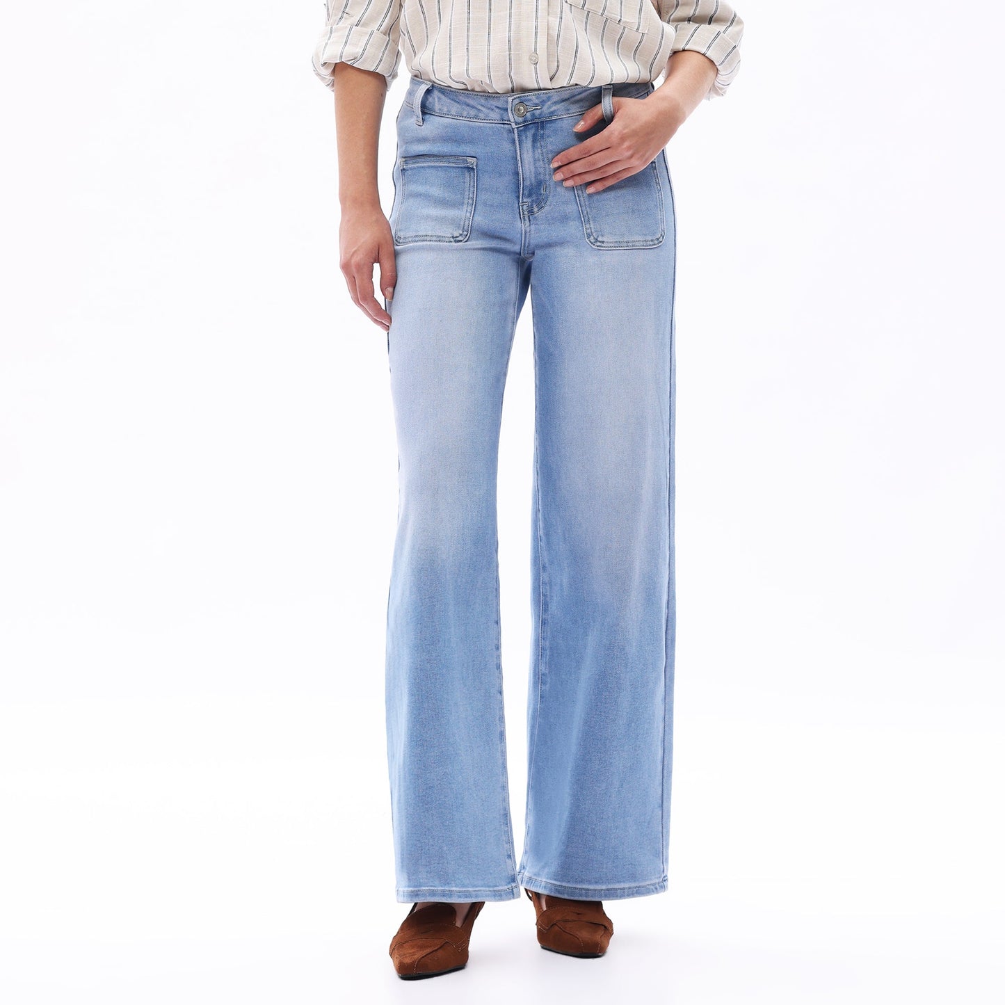 Mid-Waist Front Pocket Wide-Leg Jeans