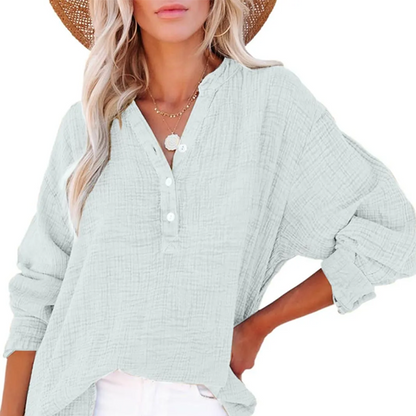 Gauze Button Neck Long Sleeve Blouse