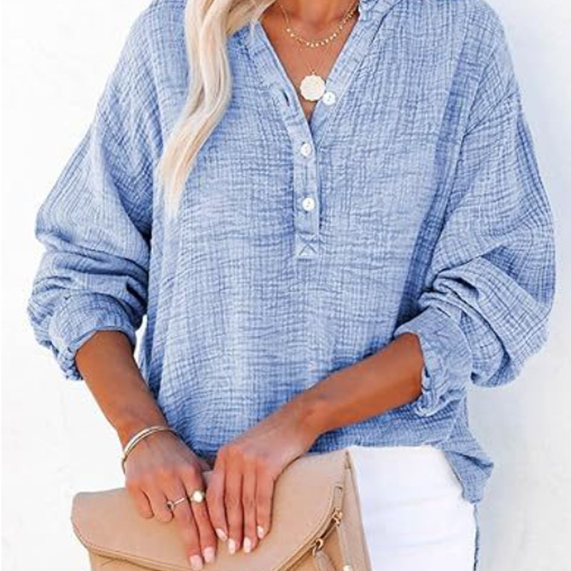 Gauze Button Neck Long Sleeve Blouse