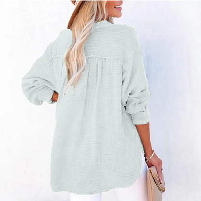 Gauze Button Neck Long Sleeve Blouse