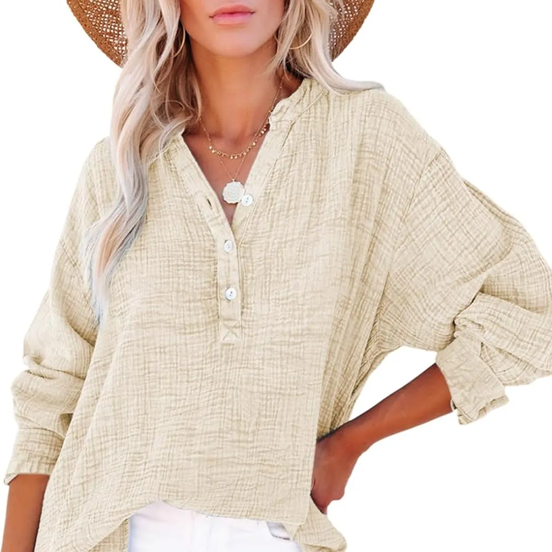 Gauze Button Neck Long Sleeve Blouse