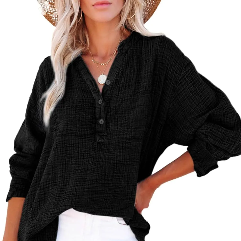Gauze Button Neck Long Sleeve Blouse