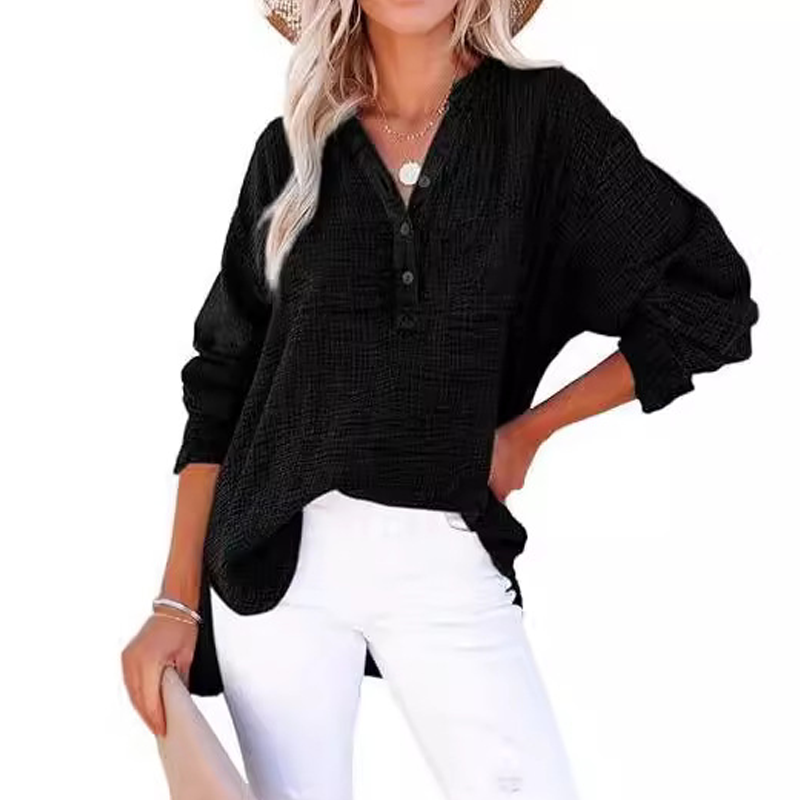 Gauze Button Neck Long Sleeve Blouse