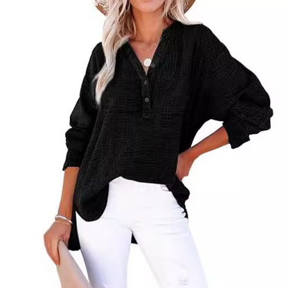 Gauze Button Neck Long Sleeve Blouse