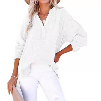 Gauze Button Neck Long Sleeve Blouse