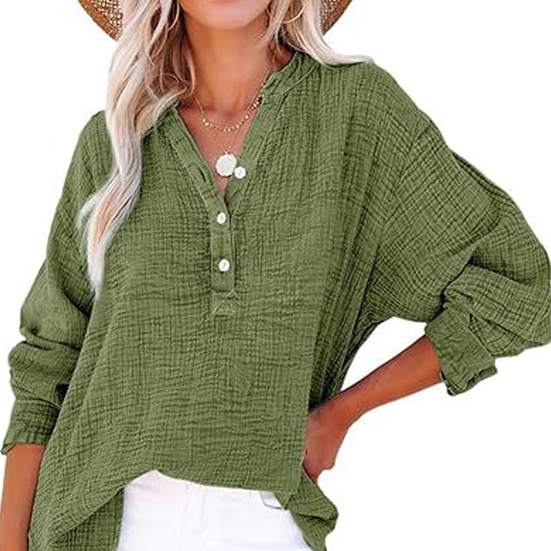 Gauze Button Neck Long Sleeve Blouse