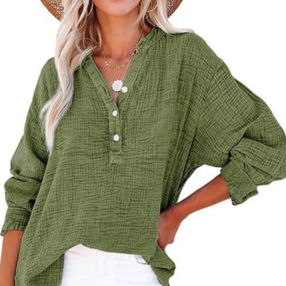 Gauze Button Neck Long Sleeve Blouse