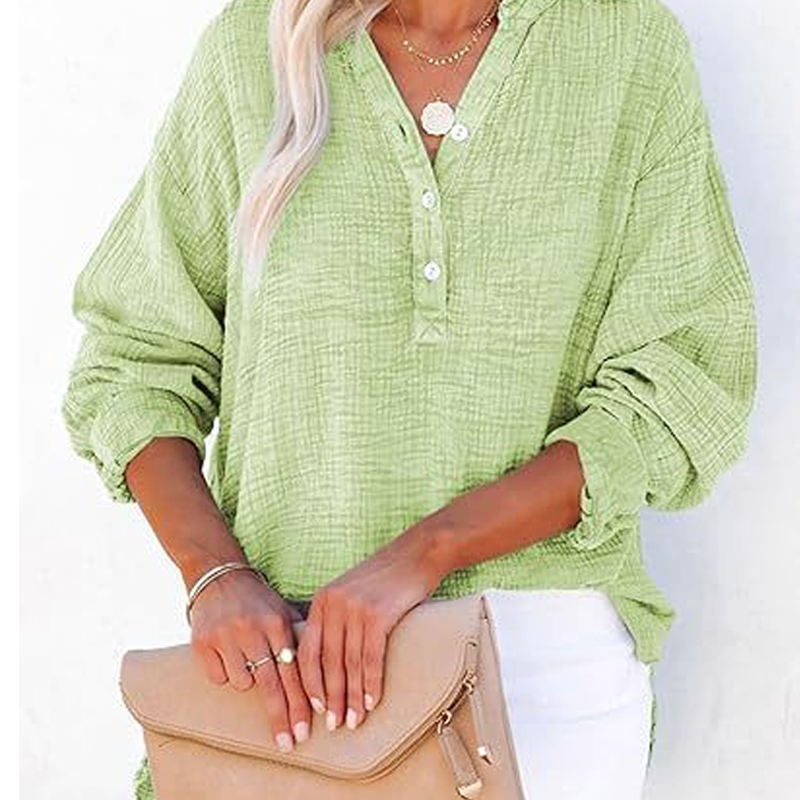 Gauze Button Neck Long Sleeve Blouse