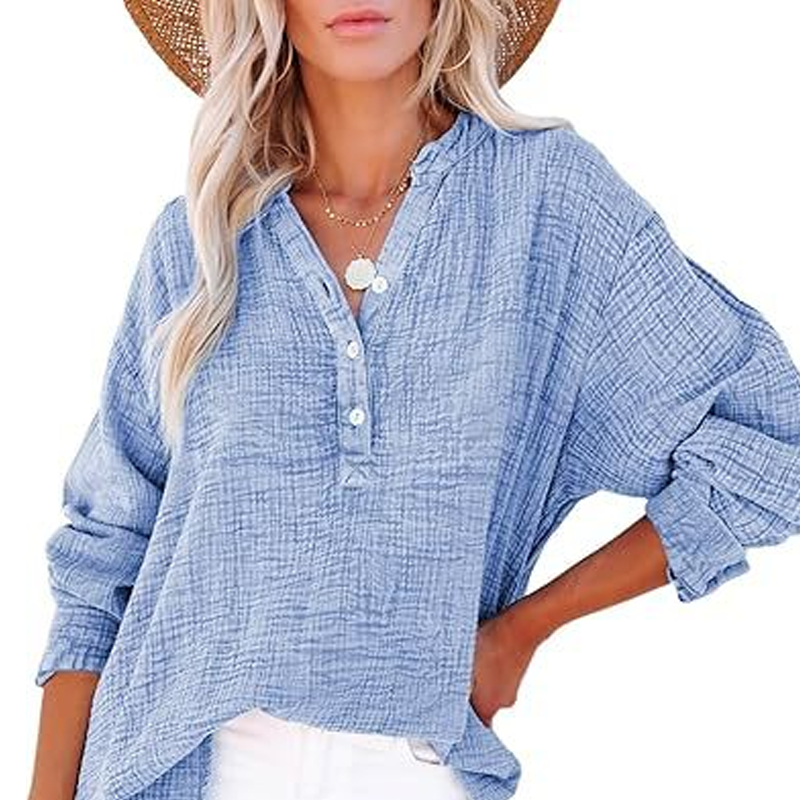 Gauze Button Neck Long Sleeve Blouse